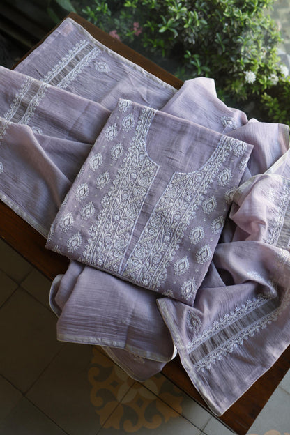Lavender Shade Silver Tissue Silk Chikankari Unstitched Fabric