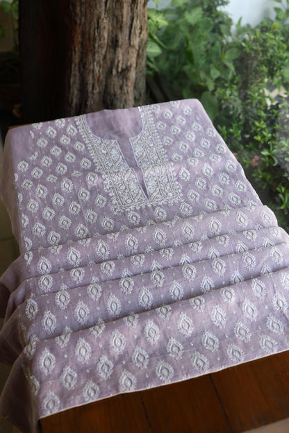 Lavender Shade Silver Tissue Silk Chikankari Unstitched Fabric