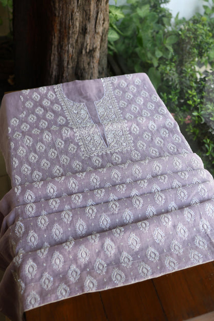 Lavender Shade Silver Tissue Silk Chikankari Unstitched Fabric