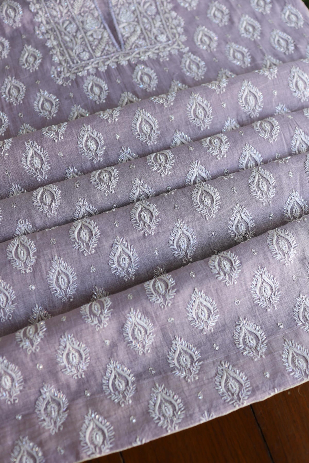 Lavender Shade Silver Tissue Silk Chikankari Unstitched Fabric
