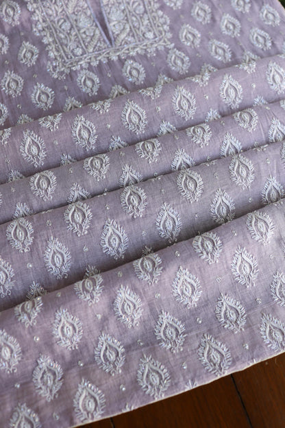 Lavender Shade Silver Tissue Silk Chikankari Unstitched Fabric