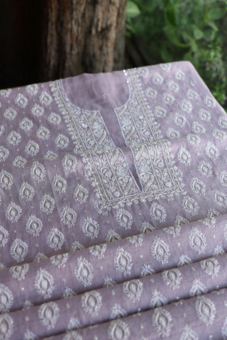 Lavender Shade Silver Tissue Silk Chikankari Unstitched Fabric