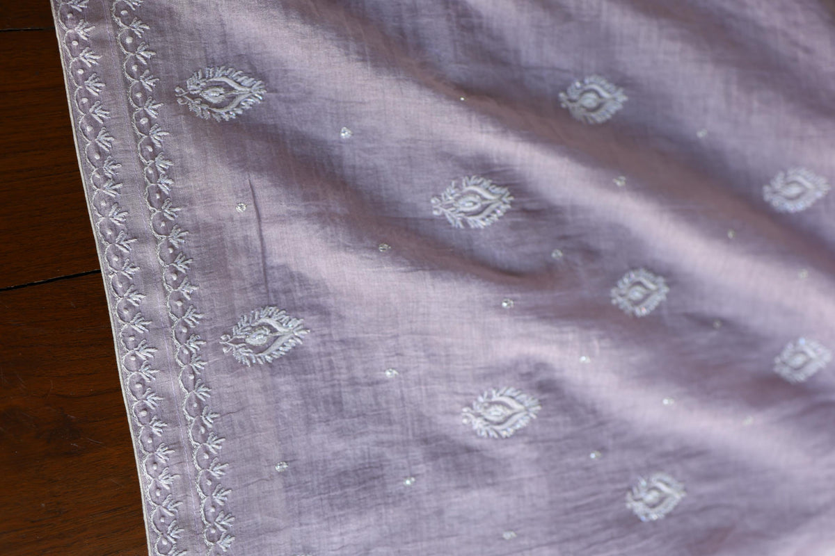 Lavender Shade Silver Tissue Silk Chikankari Unstitched Fabric