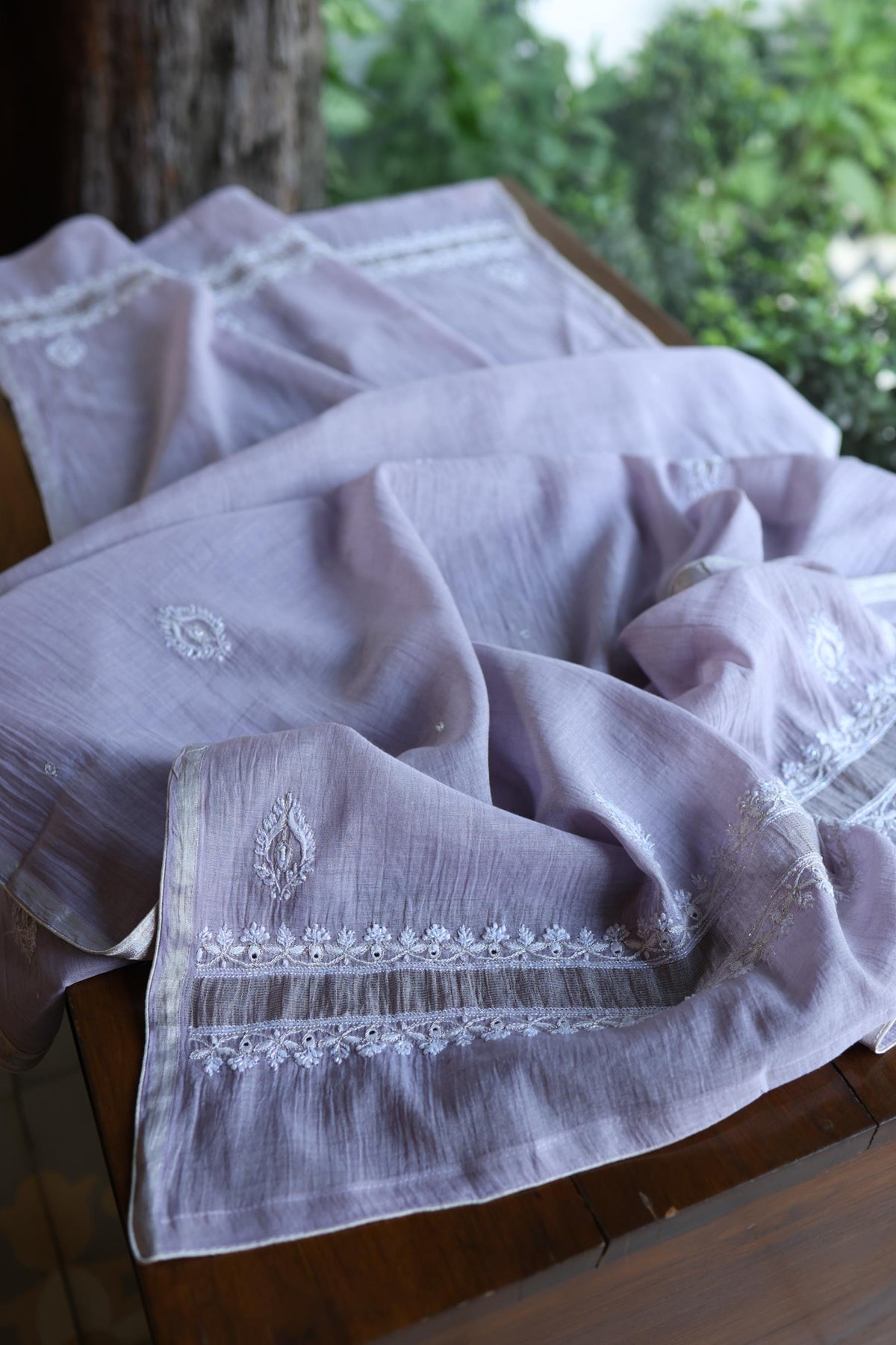 Lavender Shade Silver Tissue Silk Chikankari Unstitched Fabric