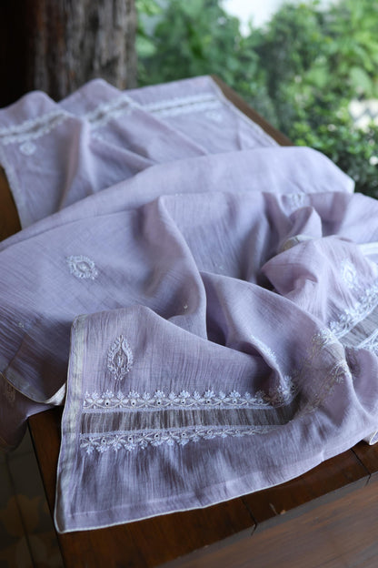 Lavender Shade Silver Tissue Silk Chikankari Unstitched Fabric