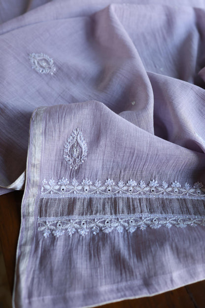 Lavender Shade Silver Tissue Silk Chikankari Unstitched Fabric
