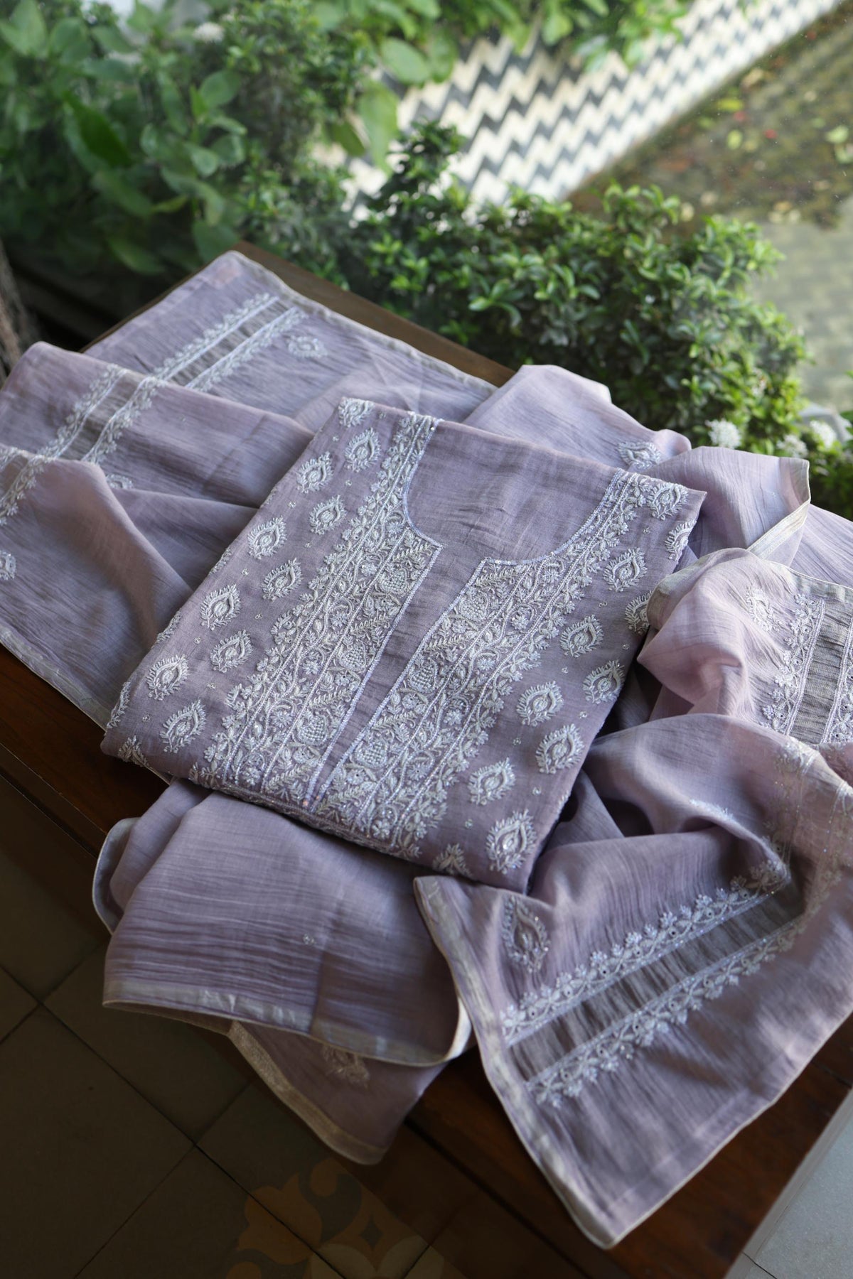 Lavender Shade Silver Tissue Silk Chikankari Unstitched Fabric