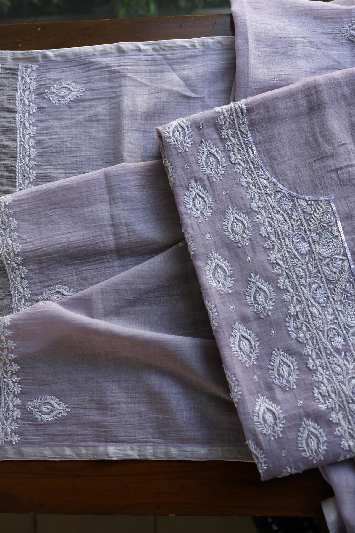 Lavender Shade Silver Tissue Silk Chikankari Unstitched Fabric