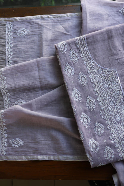 Lavender Shade Silver Tissue Silk Chikankari Unstitched Fabric