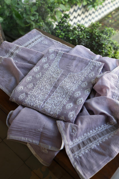 Lavender Shade Silver Tissue Silk Chikankari Unstitched Fabric
