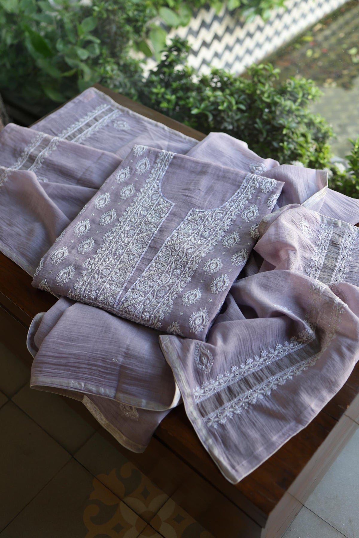 Lavender Shade Silver Tissue Silk Chikankari Unstitched Fabric