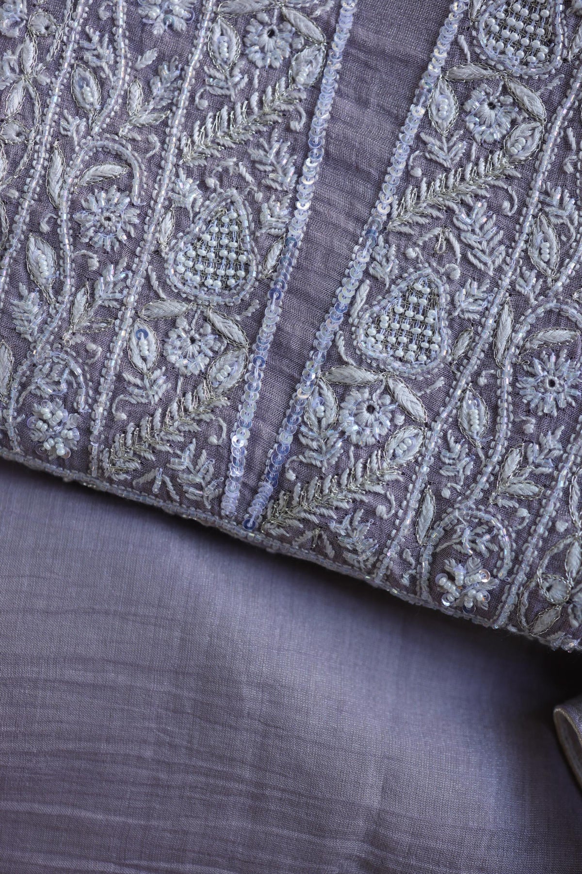 Lavender Shade Silver Tissue Silk Chikankari Unstitched Fabric