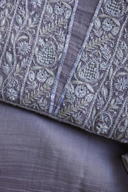 Lavender Shade Silver Tissue Silk Chikankari Unstitched Fabric