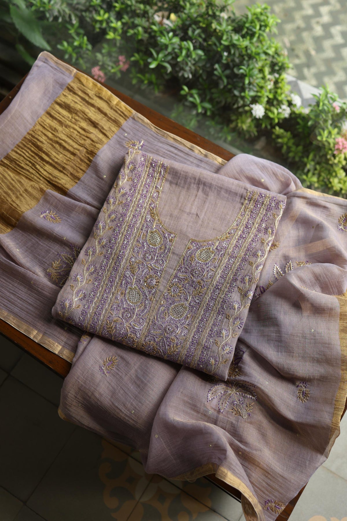 Lavender Shade Tissue Silk Chikankari Unstitched Fabric