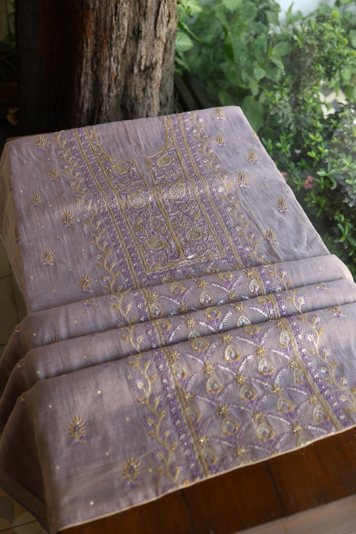 Lavender Shade Tissue Silk Chikankari Unstitched Fabric