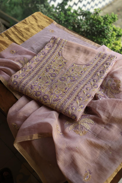 Lavender Shade Tissue Silk Chikankari Unstitched Fabric