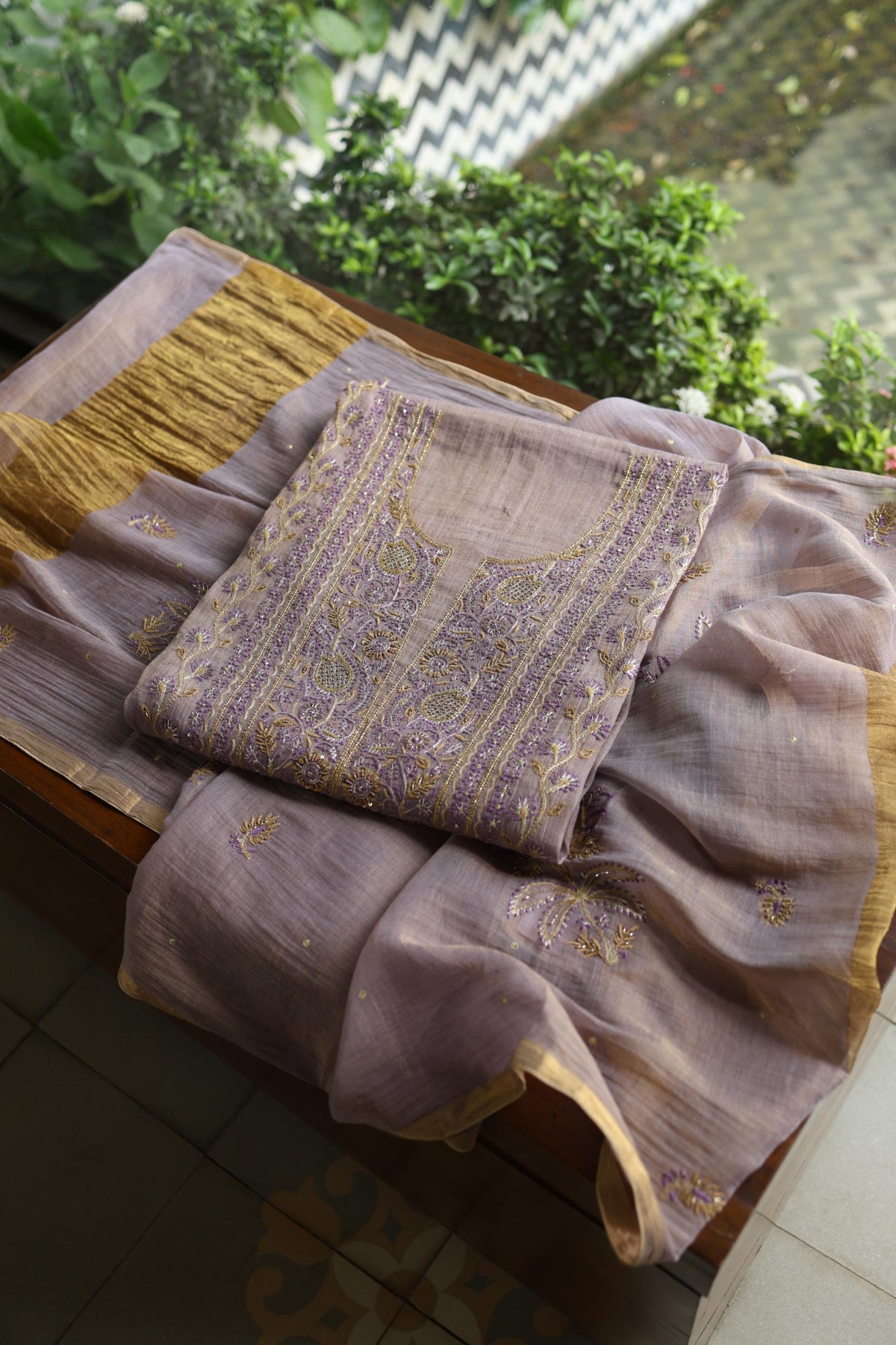 Lavender Shade Tissue Silk Chikankari Unstitched Fabric