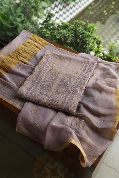 Lavender Shade Tissue Silk Chikankari Unstitched Fabric