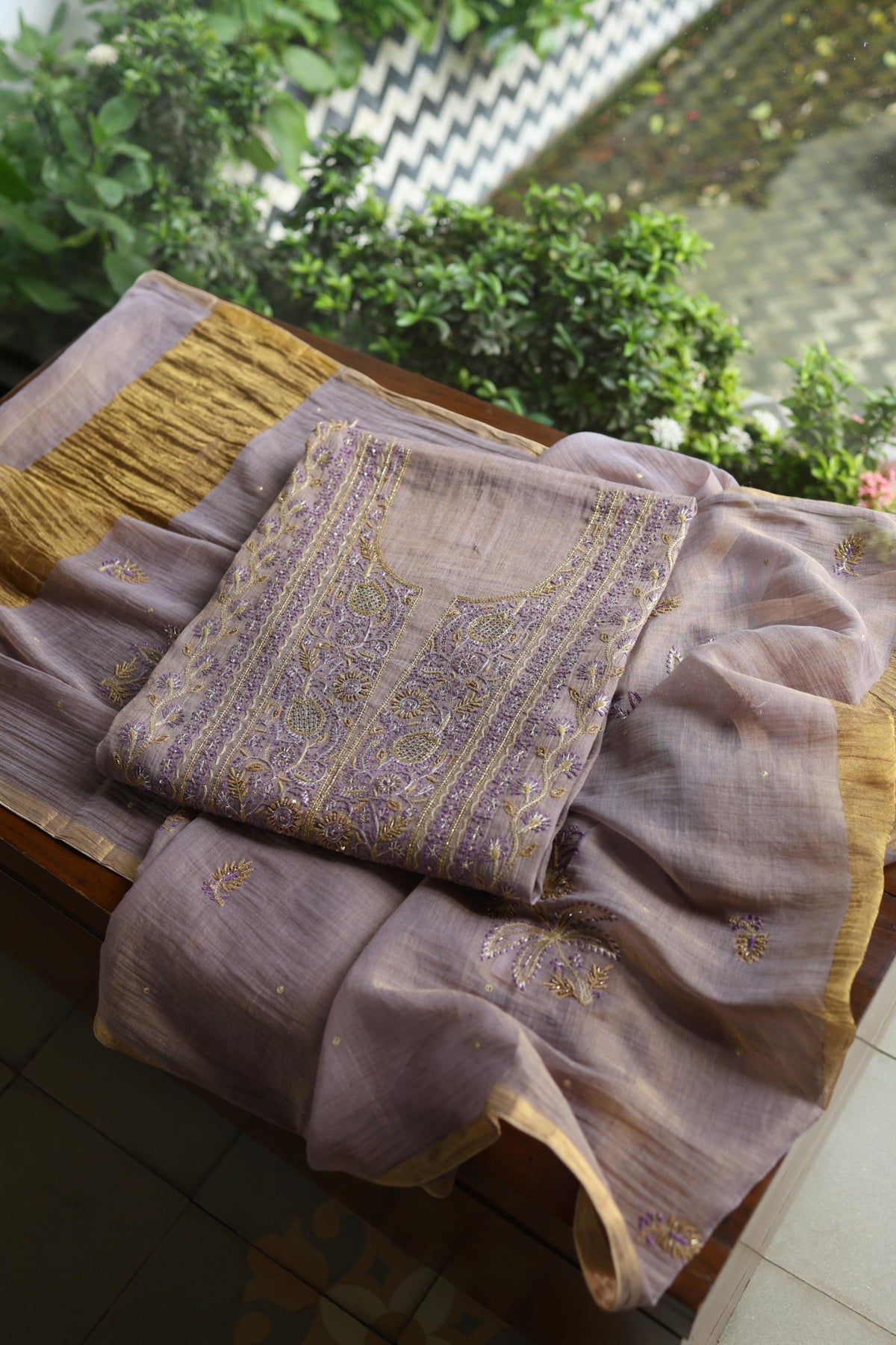Lavender Shade Tissue Silk Chikankari Unstitched Fabric