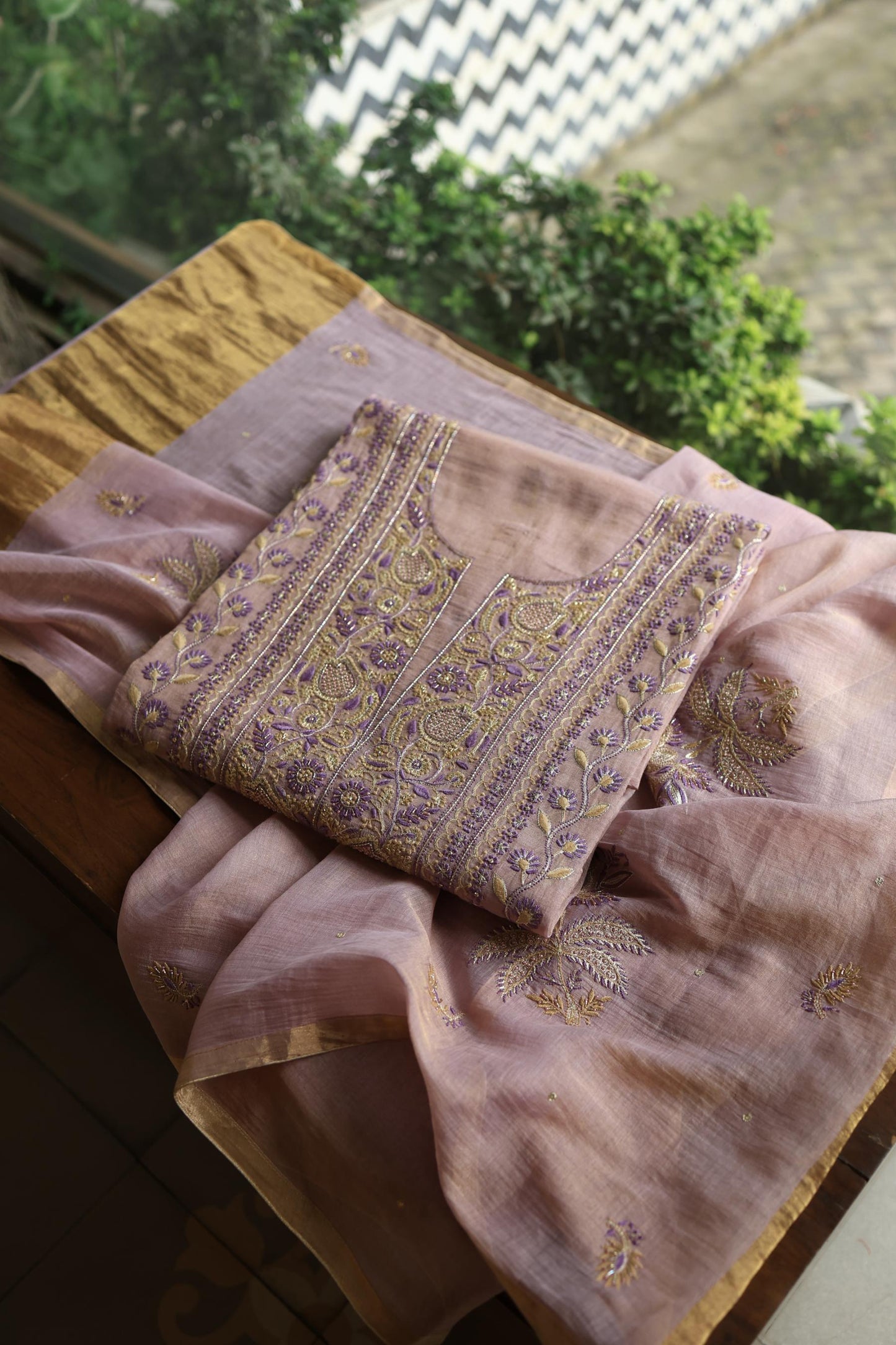 Lavender Shade Tissue Silk Chikankari Unstitched Fabric