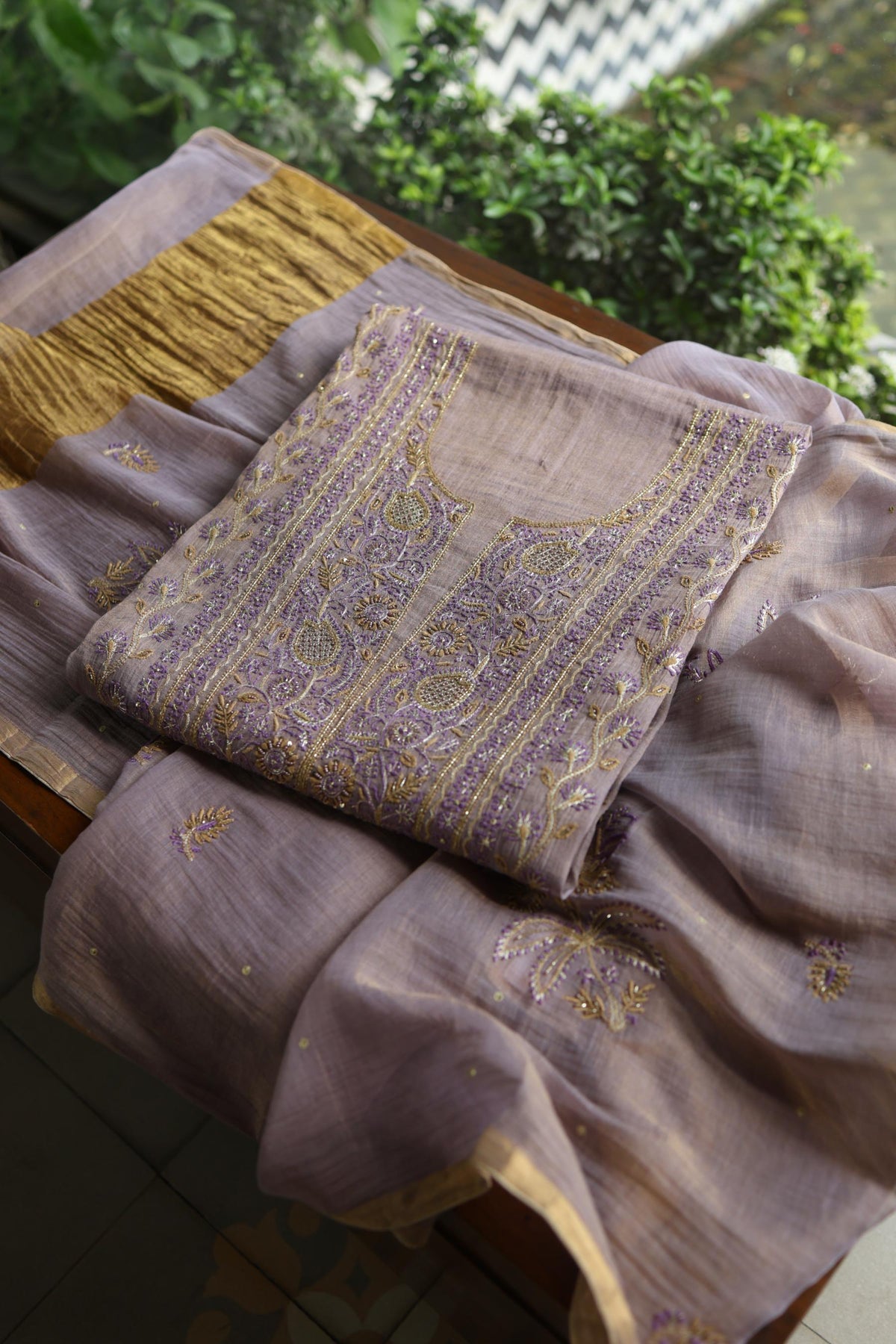 Lavender Shade Tissue Silk Chikankari Unstitched Fabric