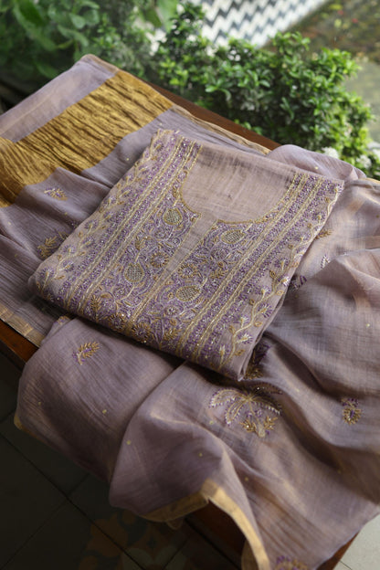 Lavender Shade Tissue Silk Chikankari Unstitched Fabric
