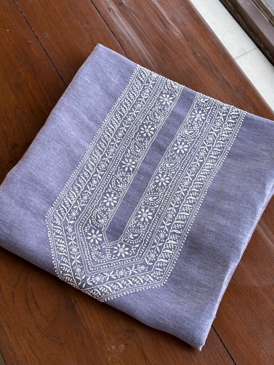 Lavender Shade Linen Chikankari Unstitched Men's Kurtas Fabric