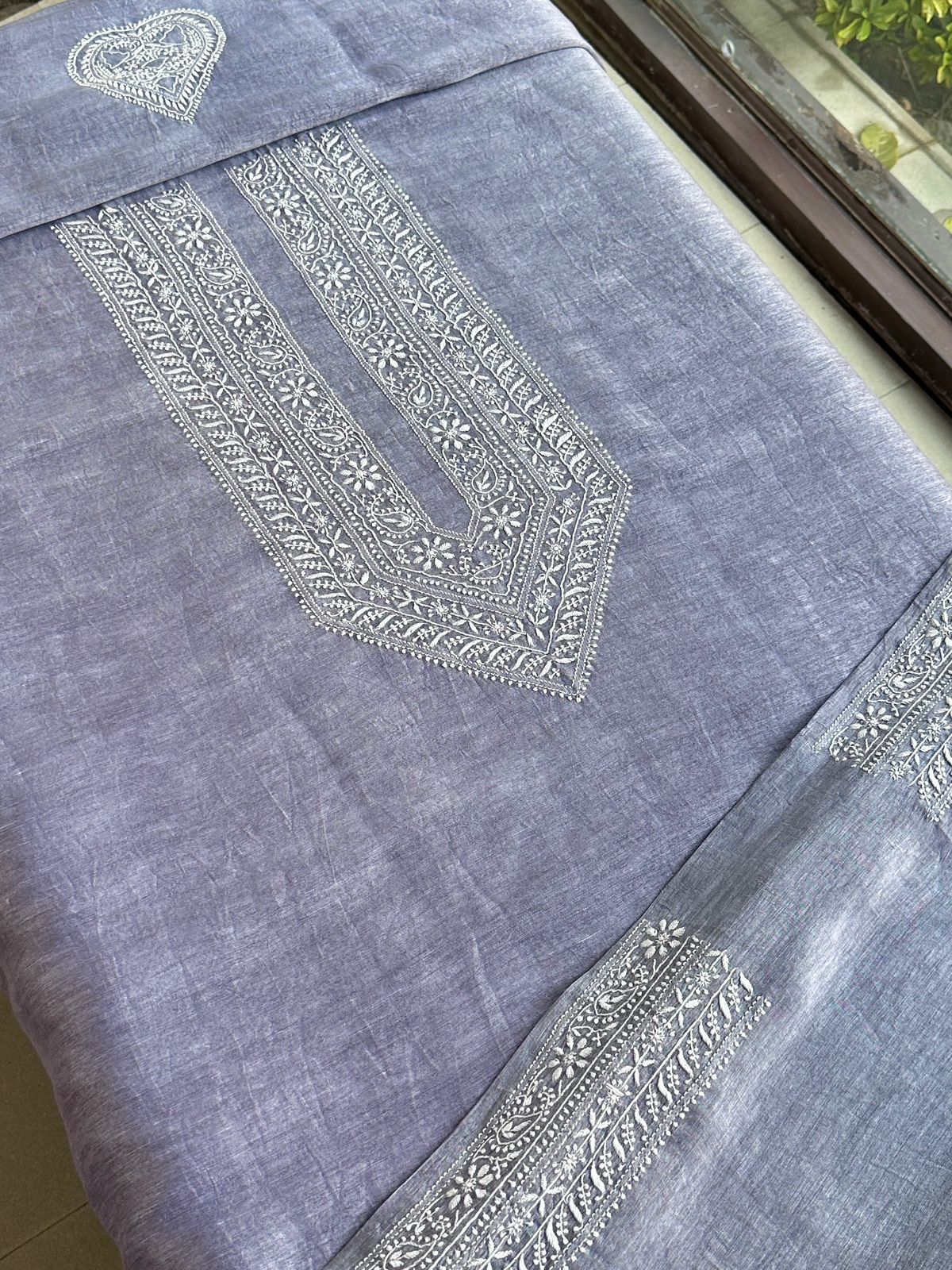 Lavender Shade Linen Chikankari Unstitched Men's Kurtas Fabric