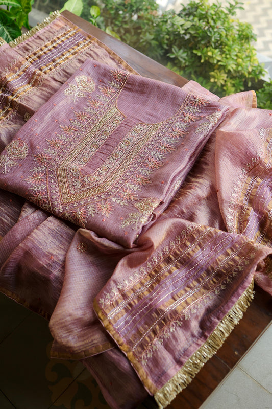 Lavender Tissue Kota Chikankari Unstitched Fabric