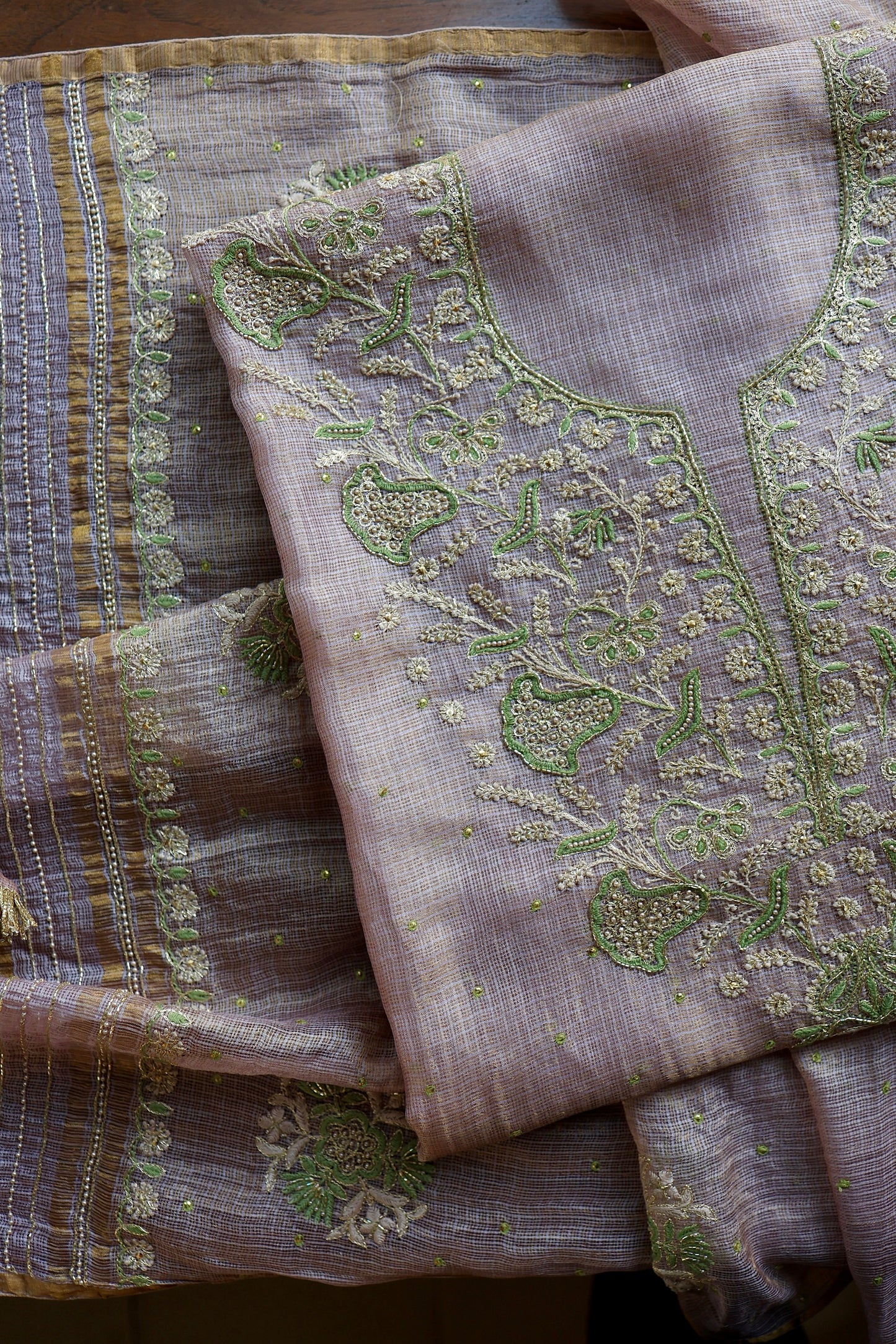 Lavender & Green Shade Tissue Kota Chikankari Unstitched Fabric