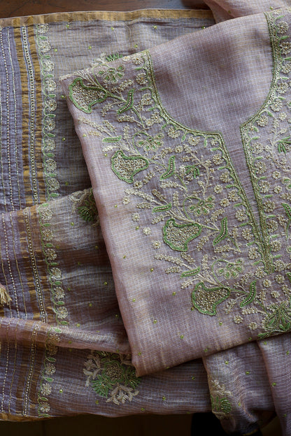 Lavender & Green Shade Tissue Kota Chikankari Unstitched Fabric