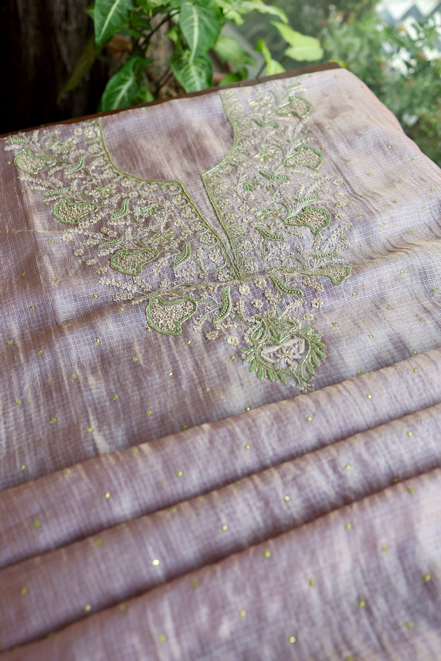 Lavender & Green Shade Tissue Kota Chikankari Unstitched Fabric