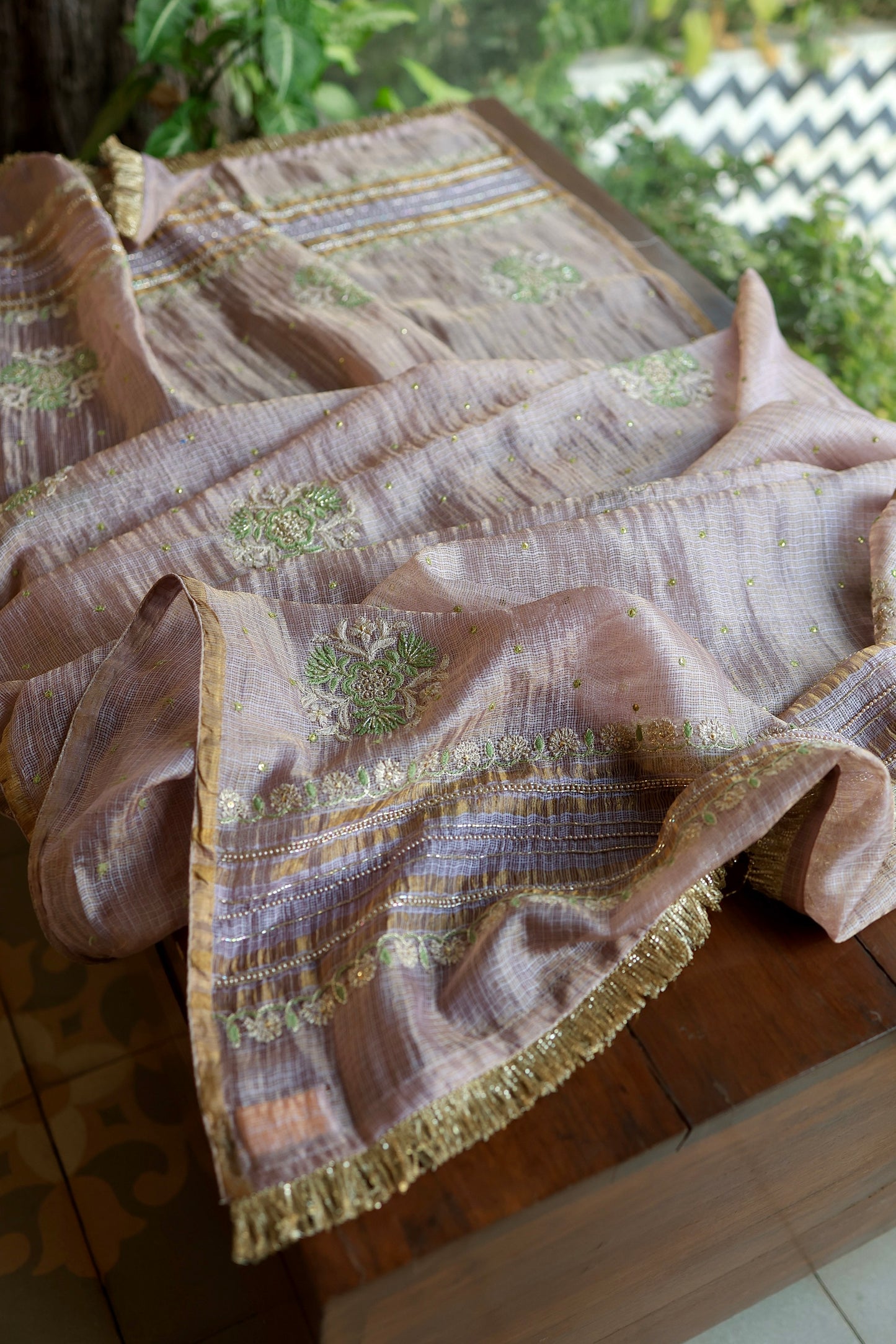 Lavender & Green Shade Tissue Kota Chikankari Unstitched Fabric