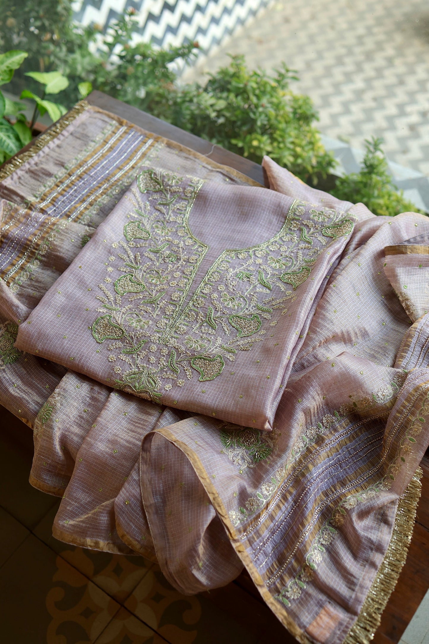 Lavender & Green Shade Tissue Kota Chikankari Unstitched Fabric