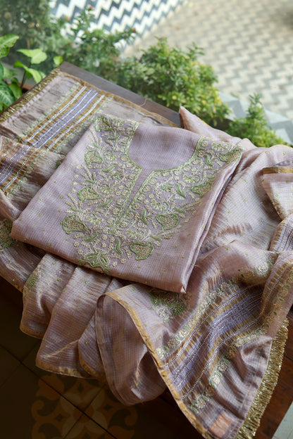 Lavender & Green Shade Tissue Kota Chikankari Unstitched Fabric