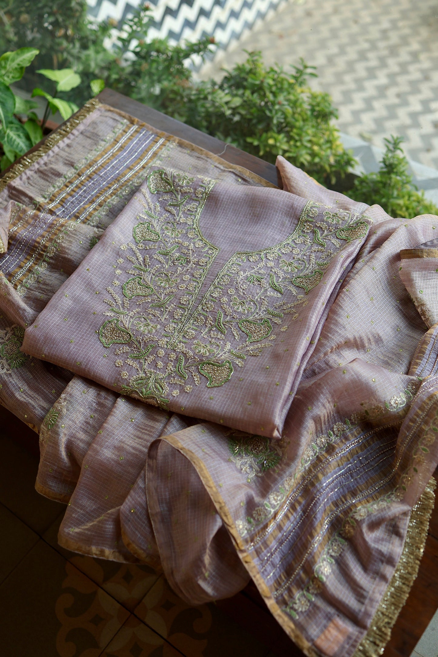 Lavender & Green Shade Tissue Kota Chikankari Unstitched Fabric