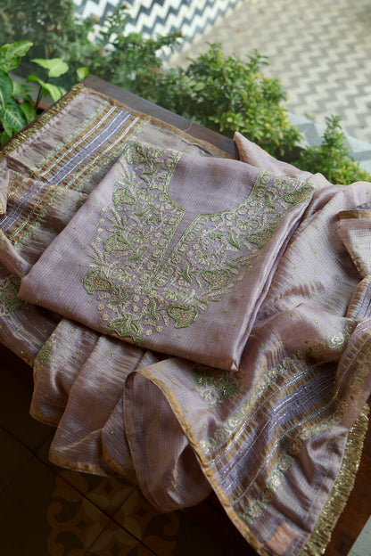 Lavender & Green Shade Tissue Kota Chikankari Unstitched Fabric