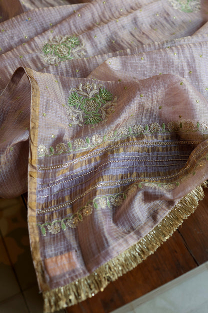 Lavender & Green Shade Tissue Kota Chikankari Unstitched Fabric