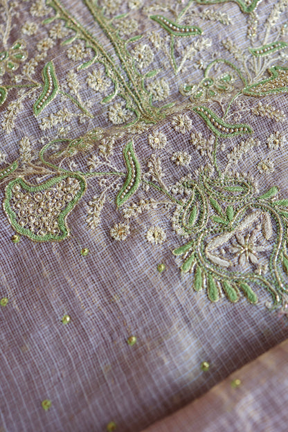 Lavender & Green Shade Tissue Kota Chikankari Unstitched Fabric
