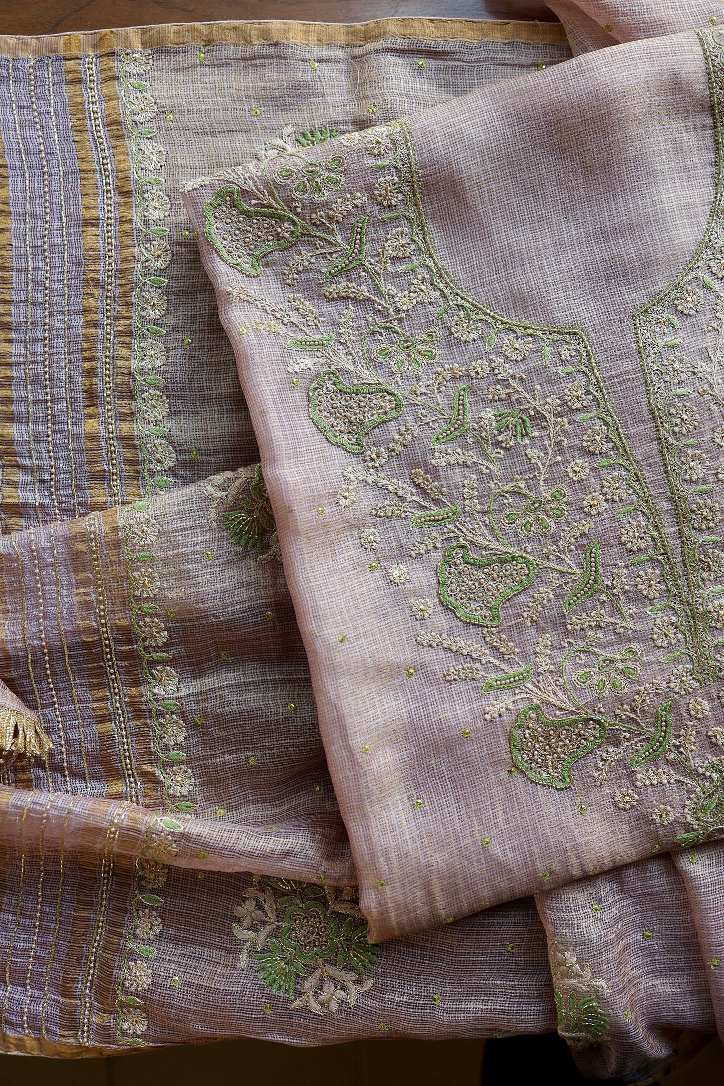 Lavender & Green Shade Tissue Kota Chikankari Unstitched Fabric