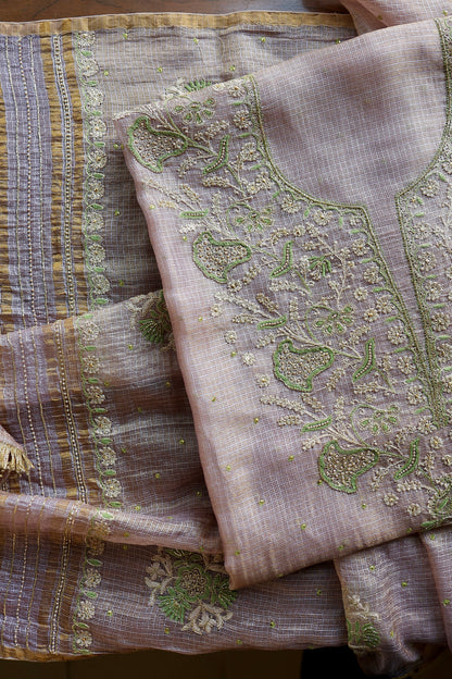 Lavender & Green Shade Tissue Kota Chikankari Unstitched Fabric