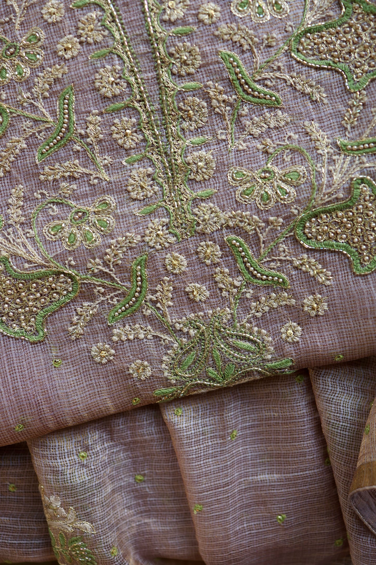 Lavender & Green Shade Tissue Kota Chikankari Unstitched Fabric