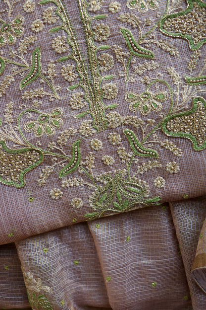 Lavender & Green Shade Tissue Kota Chikankari Unstitched Fabric