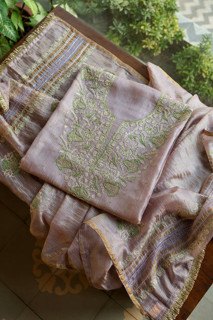 Lavender & Green Shade Tissue Kota Chikankari Unstitched Fabric