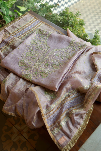 Lavender & Green Shade Tissue Kota Chikankari Unstitched Fabric