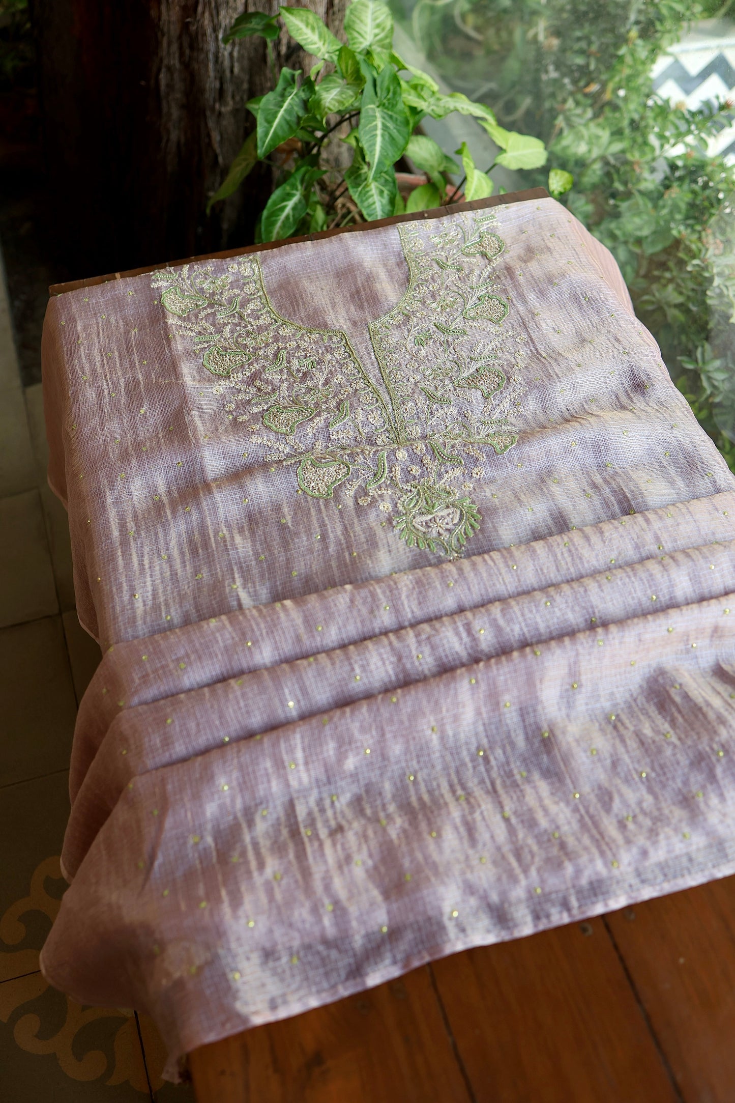 Lavender & Green Shade Tissue Kota Chikankari Unstitched Fabric