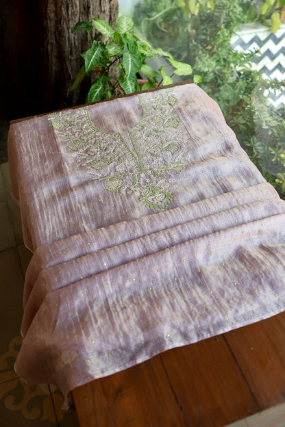 Lavender & Green Shade Tissue Kota Chikankari Unstitched Fabric