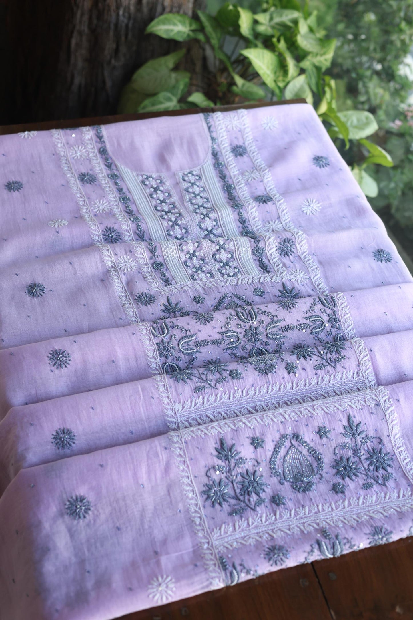 Lavender Shade Malmal Pearl Work Chikankari Fabric