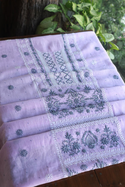 Lavender Shade Malmal Pearl Work Chikankari Fabric