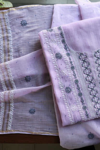 Lavender Shade Malmal Pearl Work Chikankari Fabric
